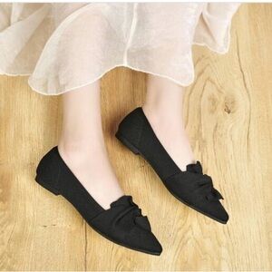 Hiulycence Flat Shoes Women Black Knit Pointed Toe Ballet Bow Shoes size 8.5